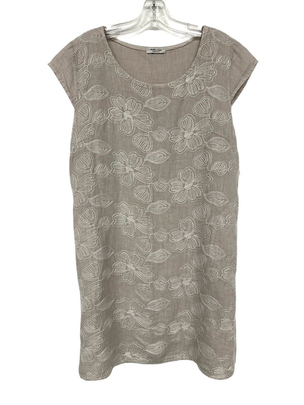 Puro Lino ecru linen embroidered floral dress L pockets Neutral Quiet Luxury